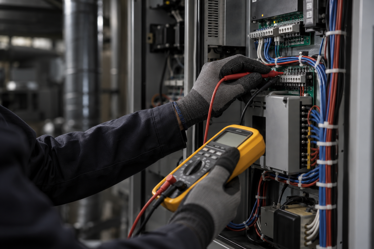 Engineer using a multimeter to test controls wiring